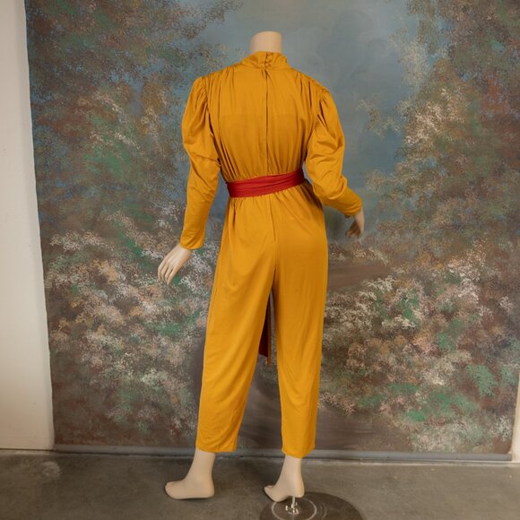 Vintage * LILLI ANN * 80s Mustard Yellow Draped Jumpsuit with Red Sash Belt - Picture 10 of 16